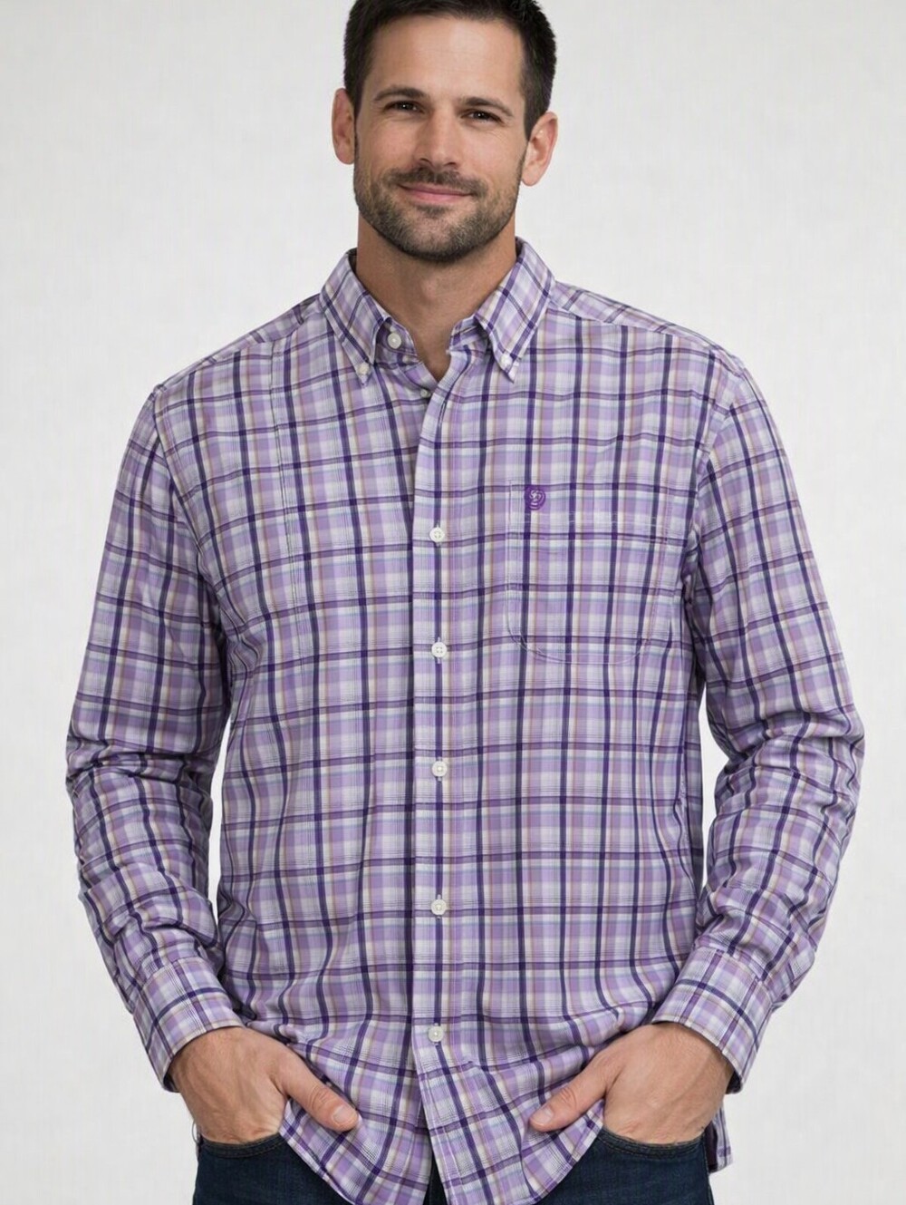 Wrangler Shirt Button Mens Large Plaid Long Sleeve Purple Cotton Western Cowboy